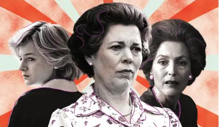  ??  ?? From left: Emma Corrin as Lady Diana Spencer, Olivia Colman as Queen Elizabeth II and Gillian Anderson as Margaret Thatcher on Netflix’s The Crown.