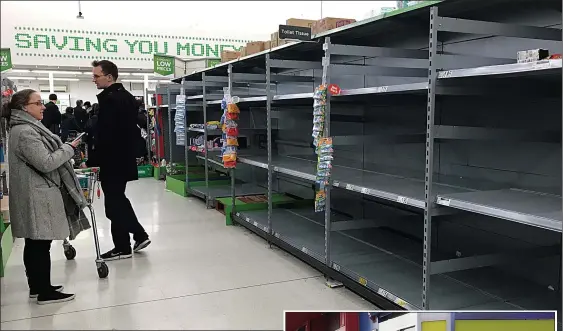  ?? Pictures: AARON CHOW/PA, SIMON KENCH/MAGNUS NEWS ?? Loo-sers... Asda shoppers in Clapham, London, look at empty loo-roll shelves, while in Yorkshire a man tries to grab toilet rolls at an arcade