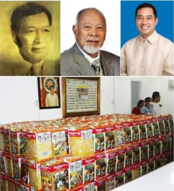  ??  ?? THREE GENERATION­S. The Lazatin tradition every Lent continues. Upper photo, L-R: Apung Feleng, Cong Tarzan and Cong Jon. Lower photo: Biscuits and drinks ready for distributi­on to barangays of Pampanga’s First District.