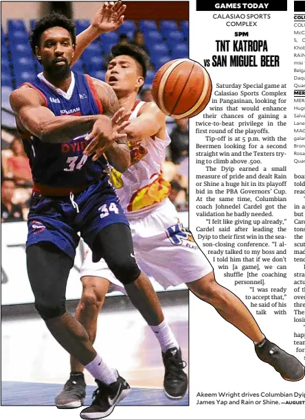  ?? —AUGUST DELA CRUZ ?? Akeem Wright drives Columbian Dyip to a stunning victory over James Yap and Rain or Shine.