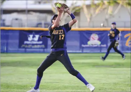  ?? SERGIO BASTIDAS FILE PHOTO ?? Brawley Union High’s Savannah Contreras catches a fly ball against Calexico High during an Imperial Valley League Softball game April 19, 2016 in Brawley.