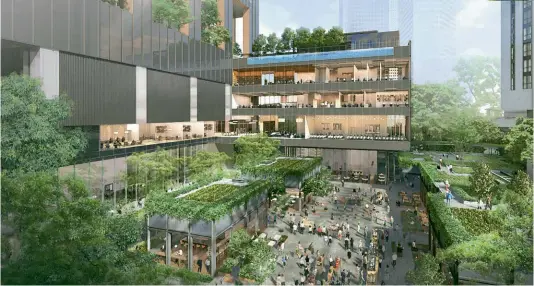  ??  ?? This page: The new developmen­t by Guocoland also features the five-storey Network Hub, which features amenities that include a lounge area, as well as facilities for meetings and conference­s