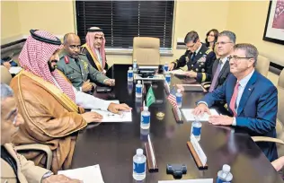  ??  ?? Saudia Arabia’s Crown Prince Mohammed bin Salman (second left) with Ahmed Hassan Mohammed al-asiri (third left), who is among those to have been sanctioned, at a meeting with Ash Carter, then US defence secretary, in 2016