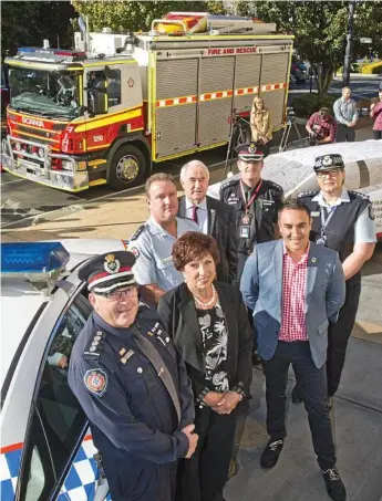  ?? Photo: Nev Madsen ?? SIGNING UP: Launching Fatality Free Friday are (front, from left) QFES Inspector Peter Bradow, Cr Carol Taylor and Cr James O’Shea and (back, from left) QAS Inspector Peter Baron, Mayor Paul Antonio, QFES Superinten­dent Eddie Lacko and QPS Inspector Sharee Cumming.