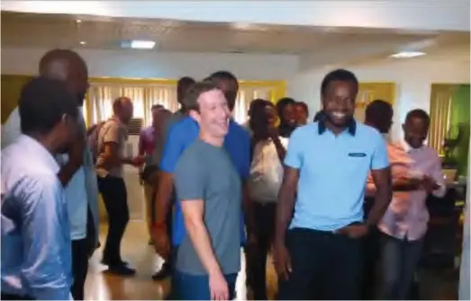  ??  ?? Front Centre: Facebook Co-founder, Mark-Zuckerberg and Nigerian tech entreprene­urs at the CoCreation hub, a tech incubation centre in Yaba, Lagos