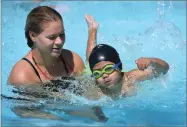  ?? RECORDER PHOTO BY CHIEKO HARA ?? Cruz Ojeda, 5, right, learns to swim with the help of Cassidy Taylor on Monday, at the City Pool. Swimming lessons are offered during the summer.