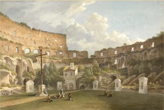  ??  ?? Above: Interior View of the Colosseum in Rome, by John Warwick Smith, around the time of Davy’s and Faraday’s visit in 1813