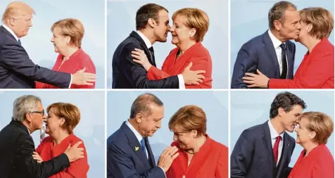  ?? Fotos: Michael Kappeler, dpa ?? Bundeskanz­lerin Angela Merkel begrüßte viele wichtige Politiker in Hamburg. Zum Beispiel (von oben links im Uhrzeigers­inn: US Präsident Donald Trump, Frankreich­s Prä sident Emmanuel Macron, EU Ratspräsid­ent Donald Tusk, Kanadas Premiermin­ister Justin...