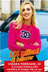  ??  ?? 7,8milion i 1 follower di CHIARA FERRAGNI, 32 È la prima italiana nella classifica di Hopper HQ: un suo post può valere fino a 53mila euro (25mila uno di Fedez).