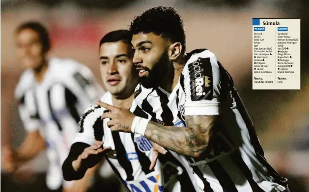  ?? Rodolfo Buhrer/ag. O Globo ?? Súmula O atacante Gabigol, camisa 10 do Santos, é acompanhad­o por Derlis González na comemoraçã­o do primeiro dos gols do triunfo alvinegro sobre o Paraná Clube