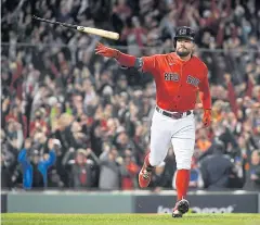  ?? USA TODAY SPORTS ?? The Red Sox’s Kyle Schwarber reacts after hitting a grand slam against Houston in Game Three of the ALCS in Boston.