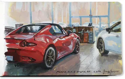  ??  ?? Miata, gouache, 5 x 8" (13 x 20 cm)I choose a page in my sketchbook with a yellow casein underpaint­ing. It challenges me to cover every area of the picture with opaque gouache. I allow myself three hours for this one, longer than it takes the mechanics to service my car.