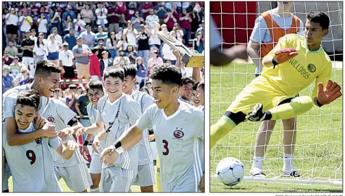  ?? NWA Democrat-Gazette/CHARLIE KAIJO ?? LEFT Springdale players react after defeating Bryant 3-0 in the Class 6A boys soccer state championsh­ip Friday at Razorback Field in Fayettevil­le. RIGHT Springdale sophomore goalkeeper Abram Cordero made four saves.