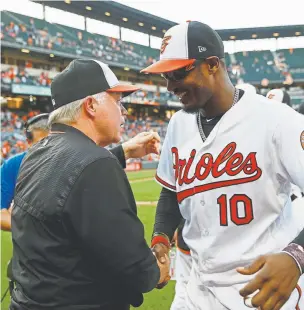  ?? Patrick Semansky, The Associated Press ?? Baltimore manager Buck Showalter, left, speaks with center fielder Adam Jones after the Orioles’ final game this season.