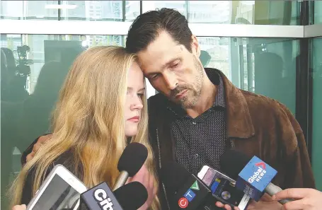  ?? DEAN PILLING ?? Julia and Dale Hird, Lukas Strasser-hird’s sister and father, speaking to the media. Dale Hird, said he was glad the decision was unanimous, as a dissenting opinion would have automatica­lly given Nathan Gervais the right to appeal to the Supreme Court.