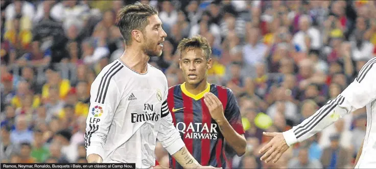  ??  ?? Ramos, Neymar, Ronaldo, Busquets i Bale, en un clàssic al Camp Nou.