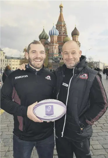  ??  ?? Brush with St Basil’s: Edinburgh Rugby captain Neil Cochrane, left, and head coach Richard Cockerill in front of the cathedral in Moscow’s Red Square ahead of this morning’s European Rugby Challenge Cup pool 4 clash with Siberians Krasny Yar at Fili Stadium in the Russian capital.