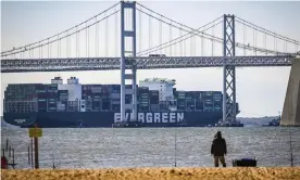  ?? Photograph: Jerry Jackson/AP ?? Evergreen Marine's Ever Forward container ship after it was freed from mud outside the shipping channel off Pasadena, Maryland, where is had spent the past month aground.
