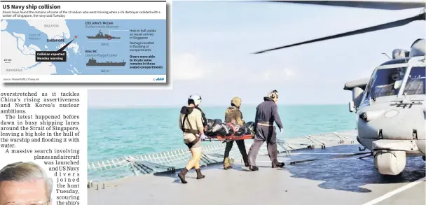  ??  ?? Royal Malaysian Navy personnel carry a body onto a US Navy helicopter from USS America during a search and rescue operation for survivors of the USS John S McCain ship collision in Malaysian waters. — Reuters photo