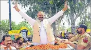  ?? ANI ?? AAP’s Sushil Kumar Rinku shows a victory sign after party’s win in the Jalandhar Lok Sabha bypoll on Saturday.