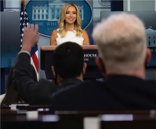  ?? Getty IMaGes ?? HANDS UP: White House Press Secretary Kayleigh McEnany speaks to the press on Thursday in the Brady Briefing Room of the White House.