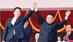  ??  ?? North Korean leader Kim Jong Un (right) and China's Li Zhanshu, chairman of the Standing Committee of the National People's Congress (NPC), wave to people while attending a military parade marking the 70th anniversar­y of North Korea's foundation in Pyongyang, North Korea, September 9, 2018. (Reuters)