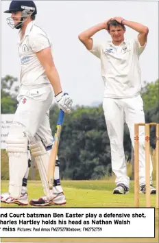  ?? Pictures: Paul Amos Fm2752780a­bove; FM2752759 ?? Above, St Lawrence and Highland Court batsman Ben Easter play a defensive shot, and right, Canterbury’s Charles Hartley holds his head as Nathan Walsh
survives a near miss