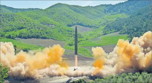  ?? AP PHOTO ?? This photo distribute­d by the North Korean government shows what was said to be the launch of a Hwasong-14 interconti­nental ballistic missile, ICBM, in North Korea’s northwest, Tuesday.