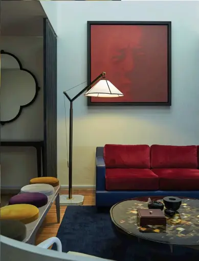  ??  ?? From left: Akar de Nissim’s Iris coffee table is crafted with buffalo horn set in fibreglass; the Candy bench, Liseran floor lamp, Leonard sofa and Iris coffee table make for an elegant tableau. Opposite page: Akar de Nissim’s COO Jasmine Ng