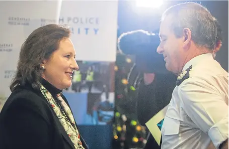  ?? Pictures: Steve MacDougall. ?? Susan Deacon, chairwoman, Scottish Police Authority, chats to Deputy Chief Constable Iain Livingston­e at the Apex Hotel yesterday.