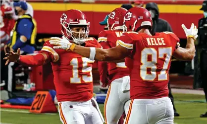  ?? Photograph: Denny Medley/USA Today Sports ?? Patrick Mahomes and Travis Kelce celebrate a touchdown in the first half.