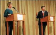  ??  ?? Congressio­nal candidates Zephyr Teachout, left, and John Faso participat­e in Thursday evening’s debate at Congregati­on Emanuel in Kingston.