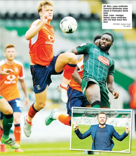  ?? PICTURES: Graham Hunt/ Pro Sports ?? MY BALL: Luton midfielder Cameron McGeehan leaps ahead of Plymouth’s David Ijaha Inset: Luton manager Nathan Jones celebrates after his team score their third