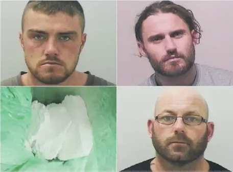  ??  ?? From top left: Ryan Crake, Darren McBride and Kriss Bunker with some of the drugs seized in the operation.