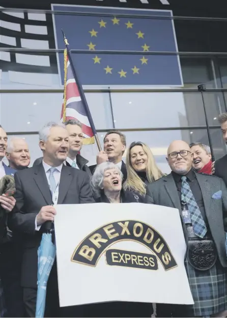  ??  ?? Brexit Party members of the European Parliament, including Jake Pugh, Anne Widdecombe and Brian Monteith, on the steps of the European Parliament on the day the UK left the EU