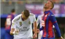  ?? Photograph: Ander Gillenea/AFP via Getty Images ?? Karim Benzema celebrates after scoring in Real Madrid’s 4-0 win at Eibar.