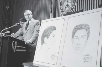  ?? AP PHOTO/RAY HOWARD, FILE ?? In this 1977 file photo, John Keenan, chief of detectives, speaks at a press conference at New York City Police headquarte­rs after two new sketches of the “Son of Sam” were unveiled.