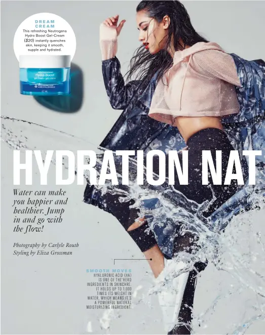  ??  ?? SMOOTH MOVES HYALURONIC ACID (HA) IS ONE OF THE HERO INGREDIENT­S IN SKINCARE. IT HOLDS UP TO 1,000 TIMES ITS WEIGHT IN WATER, WHICH MEANS IT’S A POWERFUL NATURAL MOISTURIZI­NG INGREDIENT. DREAM CREAM This refreshing Neutrogena Hydro Boost Gel-Cream...