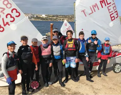  ??  ?? A souvenir of the February MYSC Internatio­nal Optimist Clinic with participan­ts hailing from France, Slovakia, Austria, Italy and Malta under the watchful eye of Slovenian coach Maurizio Bencic. Photo: Andrea Schultheis