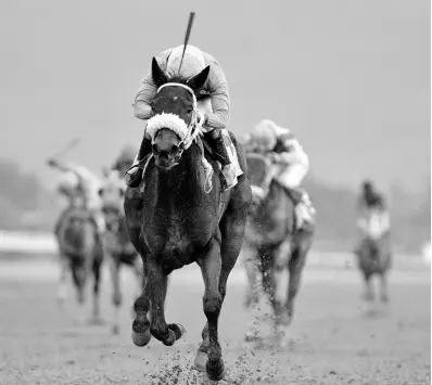  ?? KENYON HEMANS/PHOTOGRAPH­ER ?? Court Call ridden by Anthony Thomas gallops to victory in Race 9 for three-year-olds and up at Caymanas Park yesterday.