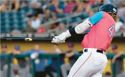  ?? JOSEPH SCHELLER/THE MORNING CALL ?? Lehigh Valley IronPigs’ Dustin Peterson swings against the Buffalo Bisons on June 14 at Coca-Cola Park in Allentown.