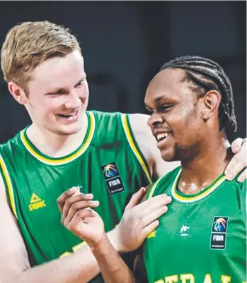  ??  ?? DISPLAYING WARES: Cairns product Tamuri Wigness (right) and Tyler Robertson in action at the 2018 FIBA Under-18 Asian Championsh­ips in Thailand earlier this year.