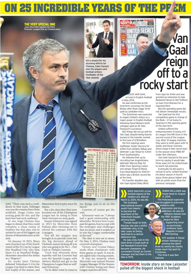  ??  ?? THE VERY SPECIAL ONE Jose Mourinho salutes his third Premier League title as Chelsea boss AS a reward for his stunning efforts for Chelsea, Eden Hazard won the players and football writers Footballer of the Year awards.