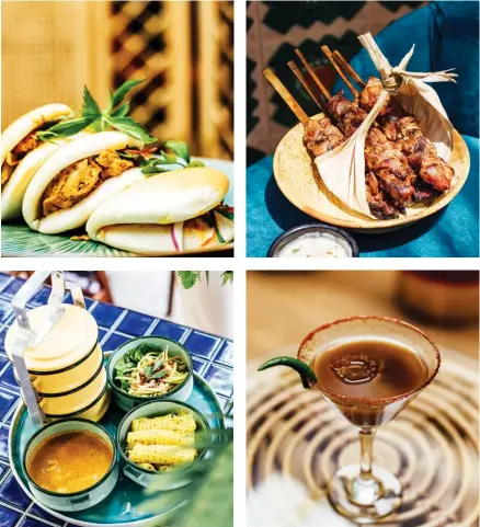  ??  ?? REINVENTIN­G TRADITIONS
Clockwise from top left: vegetarian jackfruit bao; chicken kicap skewers in ginger soy sauce; the spicy and sour Asam Pedas cocktail; roti jala served with kaffir lime chicken curry