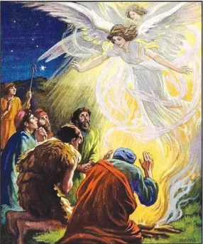  ?? ?? An angel brings good tidings to the shepherds near Bethlehem. Standard Bible Story, Book Two, Illustrati­on by O. A. Stemler and Bess Bruce Cleaveland, published by The Standard Publishing Company, 1925.