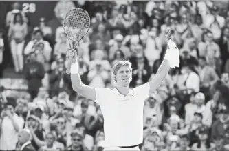  ?? MICHAEL STEELE GETTY IMAGES ?? Kevin Anderson of South Africa celebrates Wednesday after winning his quarter-finals match at Wimbledon.