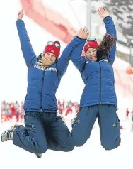  ?? Pictures: PA. ?? Top: Menna Fitzpatric­k on her way to gold. Above: Fitzpatric­k, right, jumps for joy with guide Jennifer Kehoe.