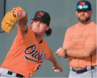  ?? KARL MERTON FERRON/BALTIMORE SUN ?? Baltimore Orioles pitching coach Chris Holt watches DL Hall throw during spring training. Hall hasn’t pitched a full season since 2019.