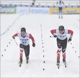  ?? Special to The Okanagan Weekend ?? Gareth Williams, left, of Telemark Nordic in West Kelowna, had a photo finish with fellow Canadian Antoine Cyr at the recent under-23 World Championsh­ips in Lahti, Finland.