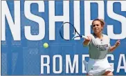  ?? Doug Walker, File ?? Georgia Tech’s Gia Cohen rips a shot up the alley during a doubles victory over a team from Virginia Tech on April 22 at the ACC Championsh­ips in Rome.